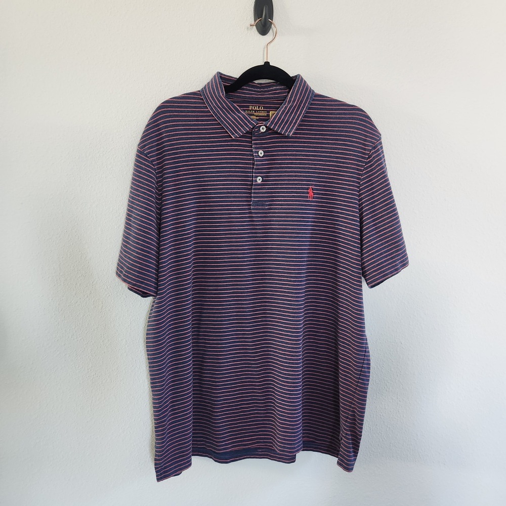 Polo Ralph Lauren Performance Mens Large Striped Polo‎ Shirt Navy Blue Pink